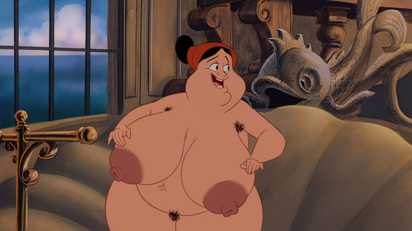 belly_bulge black_eyes black_hair carlotta chris_bryer disney gigantic_ass gigantic_breasts looking_to_the_side maid_headdress photoshop the_little_mermaid