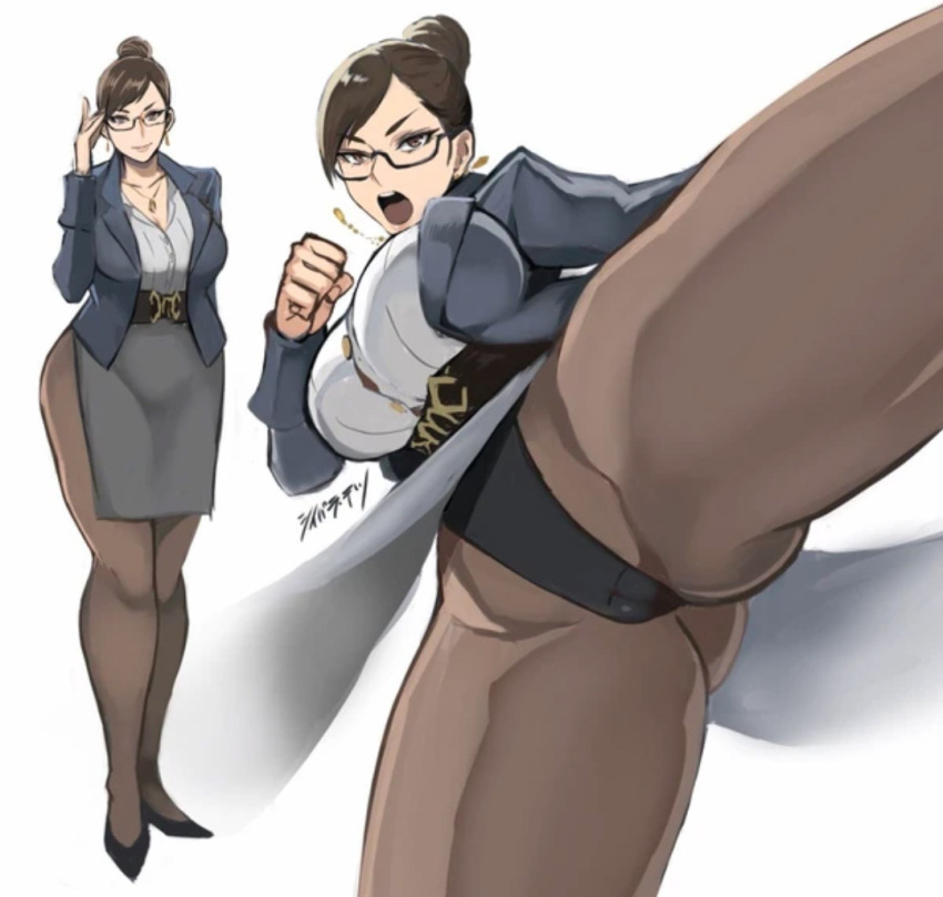 1girl 1girl 1girl asian asian_female ass big_ass big_breasts breasts brown_hair capcom chun-li clothed clothed_female female_focus female_only glasses hair_bun high_heels long_hair mature mature_female pantyhose shibusun smile solo_female solo_focus street_fighter teacher thick_thighs tied_hair video_game_character video_game_franchise