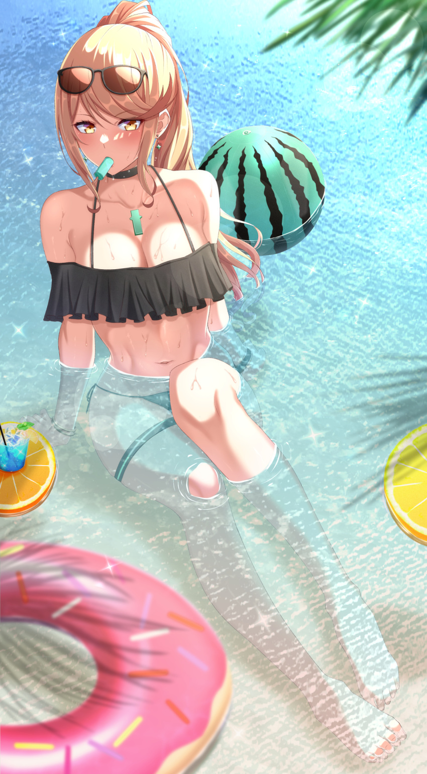 1girl alluring bangs barefoot big_breasts bikini blonde_hair breasts chest_jewel food fruit high_res long_hair mebi_il mythra mythra_(xenoblade) nintendo off-shoulder_bikini off_shoulder ponytail soaking_feet super_smash_bros._ultimate swept_bangs swimsuit very_long_hair water watermelon xenoblade_(series) xenoblade_chronicles_(series) xenoblade_chronicles_2 yellow_eyes