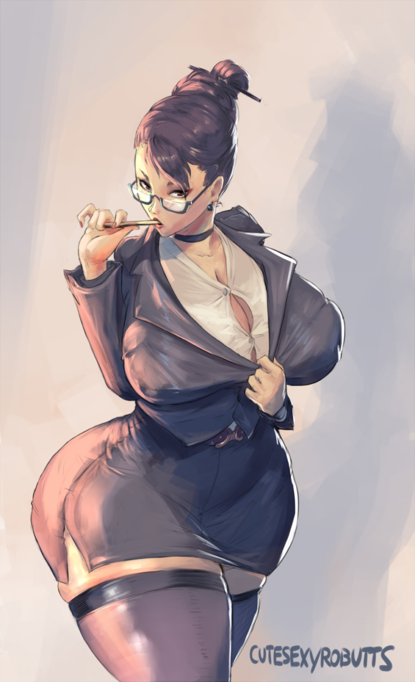 1girl 1girl 1girl big_ass big_ass big_breasts big_breasts breasts bursting_breasts bursting_buttons bursting_clothes button_gap choker chun-li clothed clothed_female cutesexyrobutts female_focus female_only glasses large_ass long_hair mature mature_female office office_lady patreon patreon_paid patreon_reward pen_in_mouth pencil_skirt shirt_pull solo_female solo_focus stockings straining_buttons street_fighter video_game_character video_game_franchise