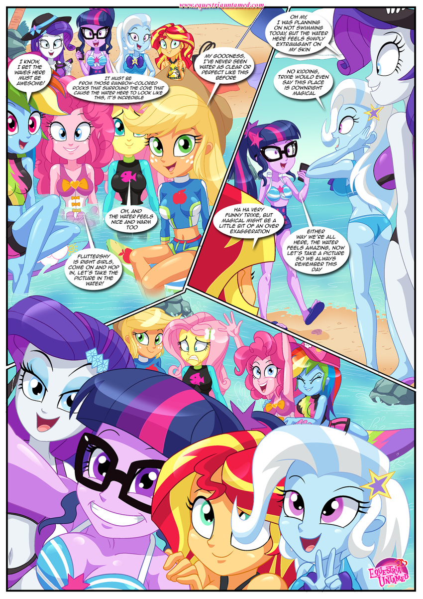 applejack applejack_(mlp) bbmbbf beach comic equestria_girls equestria_untamed fluttershy hasbro my_little_pony my_little_pony:_friendship_is_magic older older_female palcomix party_at_rainbow_cove pinkie_pie rainbow_dash rarity sci-twi sunset_shimmer trixie trixie_(mlp) trixie_lulamoon_(mlp) twilight_sparkle young_adult young_adult_female young_adult_woman