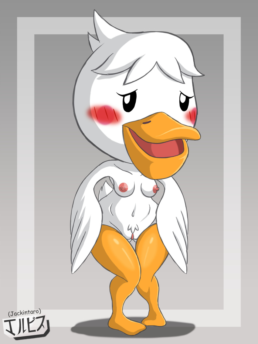 animal_crossing anthro blush breasts digital_media_(artwork) fanart furry jackintaro nipples nude pelican pelly_(animal_crossing) pussy white_body