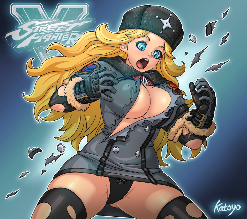 1girl big_breasts black_panties blonde_hair blue_eyes breasts cleavage clothing copyright_name female_only fur_hat fur_trim hat high_res katoyo85 kolin logo long_hair miniskirt no_bra open_mouth panties popped_button skirt skirt_lift stockings street_fighter street_fighter_v surprised torn_clothes torn_shirt torn_thighhighs underwear upskirt ushanka wardrobe_malfunction