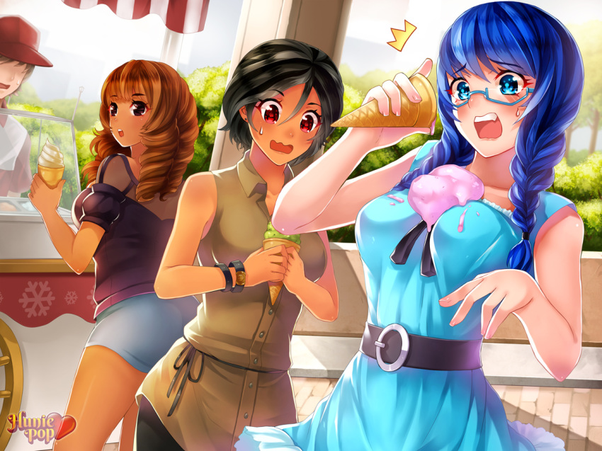 3_girls 3girls art beli_lapran big_breasts black_hair blue-framed_glasses blue_eyes blue_hair blush braid breasts brown_hair casual dark_skin dojikko dress fang female glasses hunie_pop ice_cream_cone kaskia kaskia_(artist) lola_rembrite long_hair miniskirt multiple_girls nikki_ann-marie off-shoulder_shirt official_art open_mouth quad_drills red_eyes see-through semi-rimless_glasses short_hair skirt sleeveless sweatdrop twin_braids under-rim_glasses watermark wavy_mouth