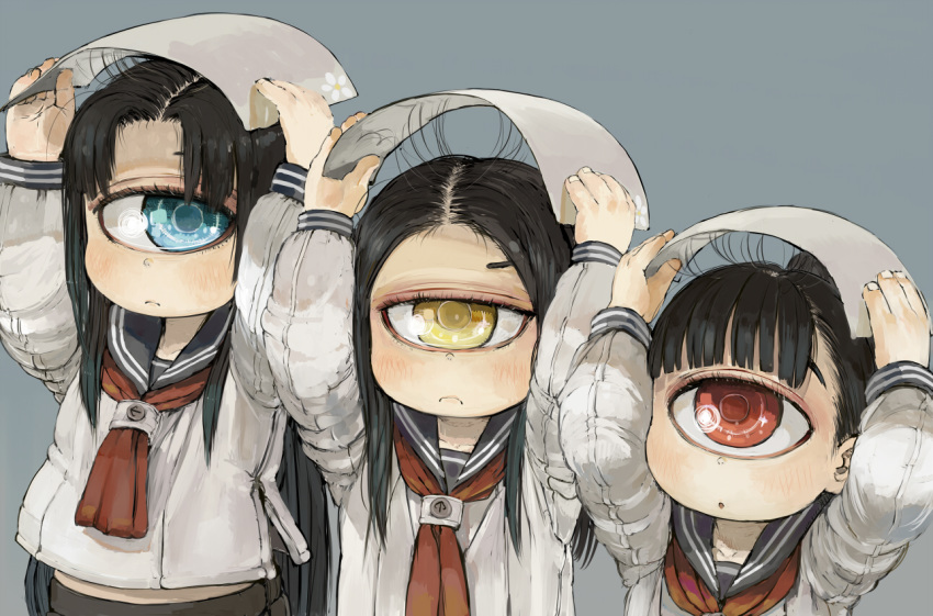 3girls :o black_hair covering_head cute cyclops ebimomo frown long_hair looking_at_another looking_at_viewer looking_up multiple_girls one-eyed original school_uniform serafuku simple_background traffic_light