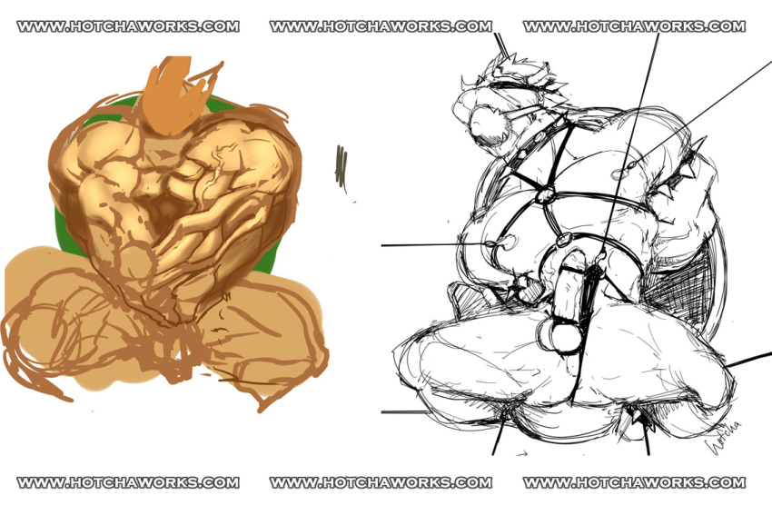 anthro ball_gag bara bondage bound bowser furry gay horn hotcha male male_only monochrome multiple_boys muscle no_humans penis reptile super_mario_bros. yaoi