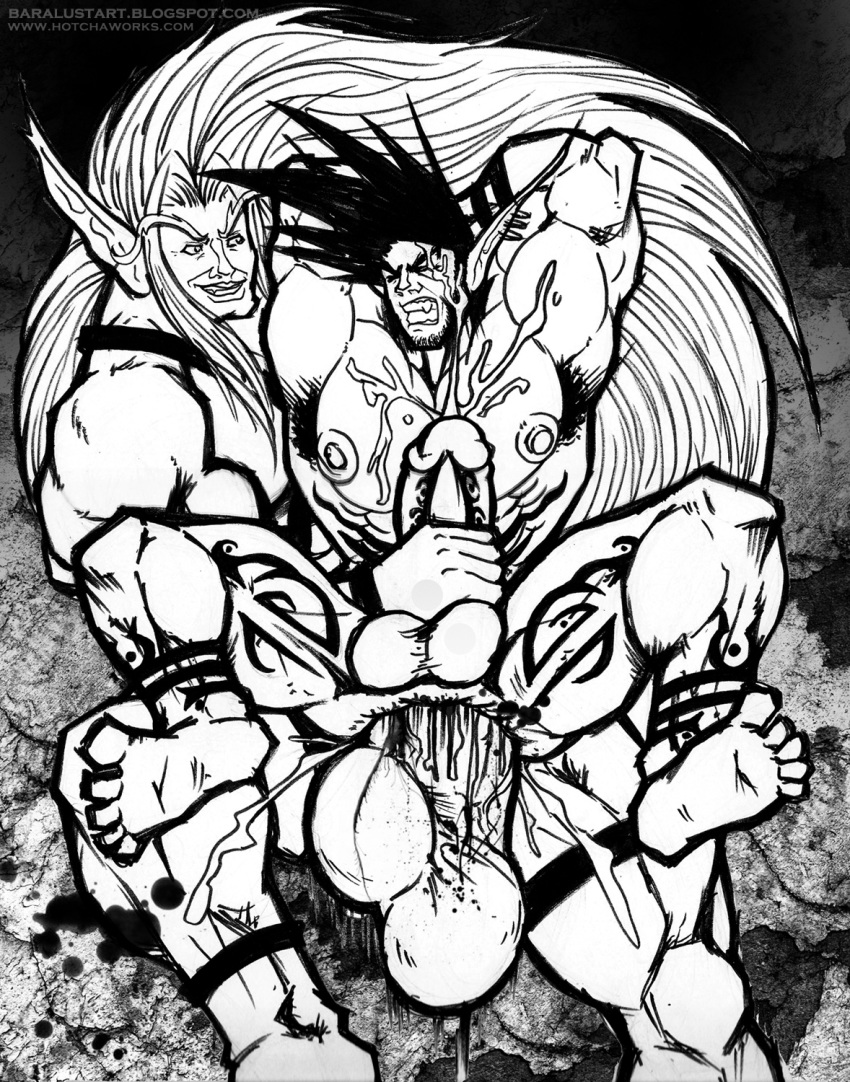 2boys anal bara black_hair cum gay hotcha human male male_only monochrome multiple_boys muscle penis pointed_ears tattoo yaoi