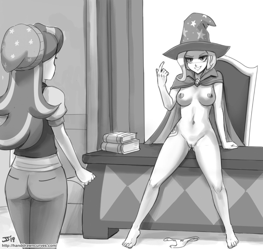 2_girls 2girls breasts cape clothed_female_nude_female equestria_girls friendship_is_magic hairless_pussy hat humanized indoors john_joseco monochrome my_little_pony pussy standing starlight_glimmer starlight_glimmer_(mlp) trixie trixie_(mlp) witch_hat