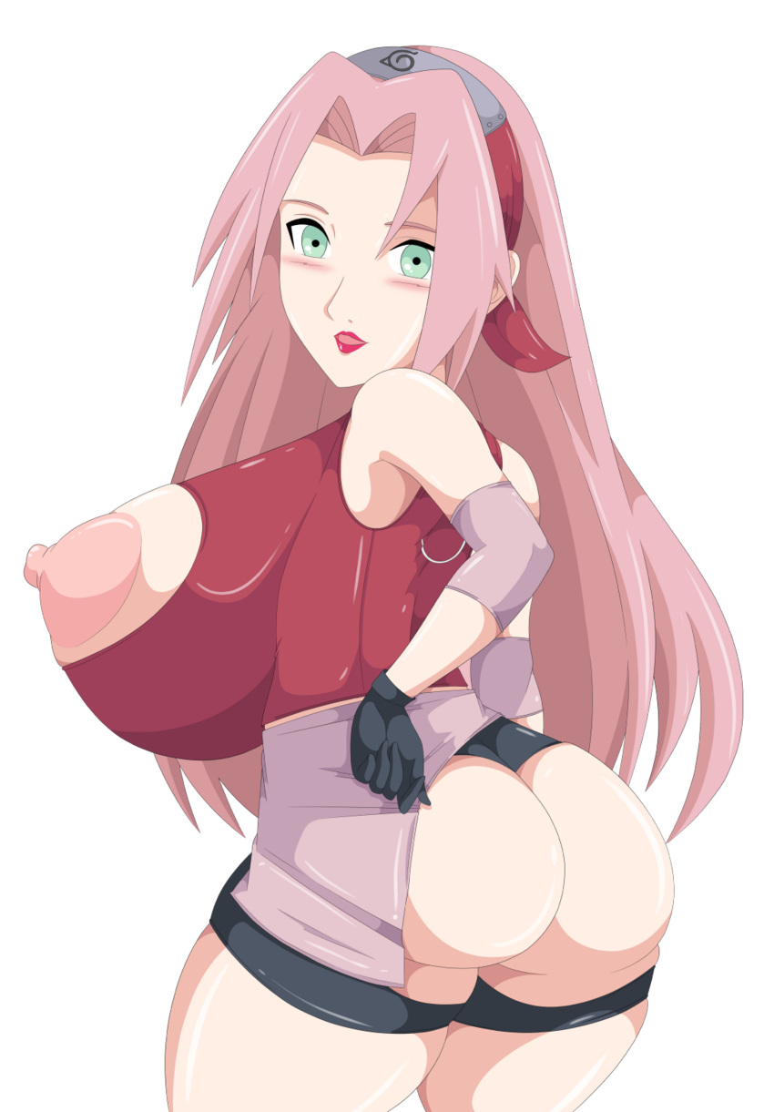 areolae ass big_ass big_breasts breasts female looking_at_viewer looking_back naruto nipples sakura_haruno solo torn_clothes toshiso_(artist)