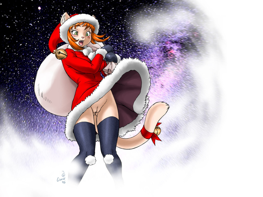 1_anthro 1_female 1_girl anthro bell blush cat censored christmas cute dr_comet female female_anthro female_anthro_cat fur furry gasp gift green_eyes highres mosaic_censoring no_panties open_mouth orange_hair pussy snow solo surprised tail