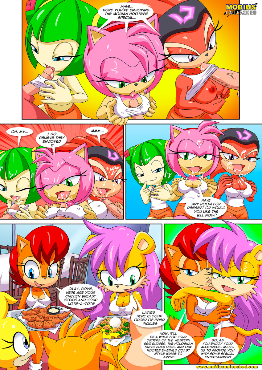 3_girls amy_rose archie_comics bbmbbf comic cosmo_the_seedrian hooters mina_mongoose mobian mobian_(species) mobian_hooters mobians mobius_unleashed multiple_girls palcomix penis sally_acorn sega semen shade_the_echidna sonic_(series) sonic_the_hedgehog_(series) sonic_x