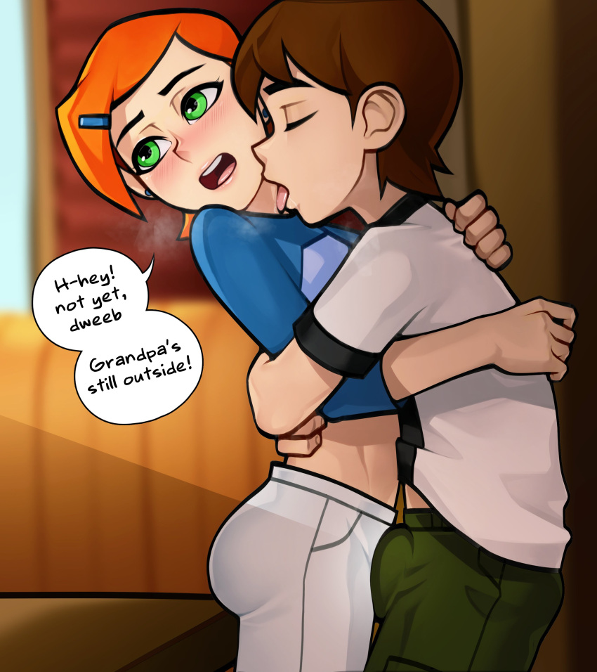 Xbooru 1boy 1girl ben 10 ben tennyson blush brown hair bulge  