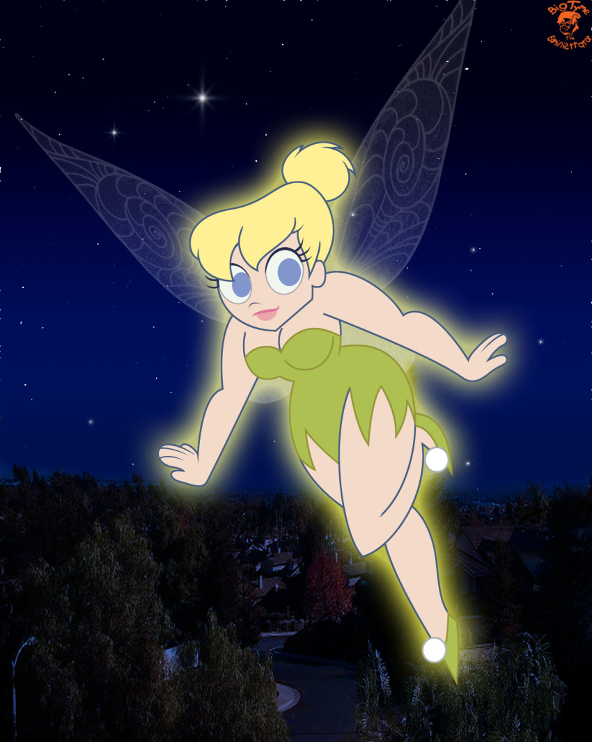 1girl alien bigtyme blonde_hair blue_eyes cosplay dc disney dress fairy flying halloween peter_pan ponytail short_hair smile super_best_friends_forever supergirl tinker_bell tinker_bell_(cosplay) wide_hips wings