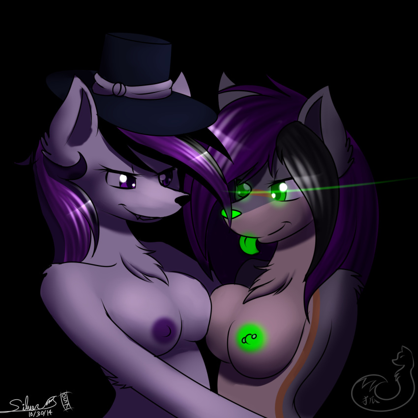 aura_spark breasts_frottage canid canine duo fox fur furry glowing glowing_eyes hat hugging mammal nipple_piercing nude original silverfox057 top_hat wolf