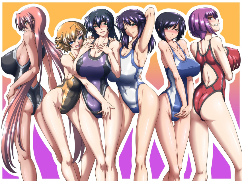 6girls akiyama_rinko ass big_breasts breasts hell_knight_ingrid hentai igawa_sakura ingrid_(taimanin_asagi) kunoichi naomi_evans oboro_(taimanin_asagi) one-piece_swimsuit posing swimsuit taimanin_(series) taimanin_asagi thigh_gap