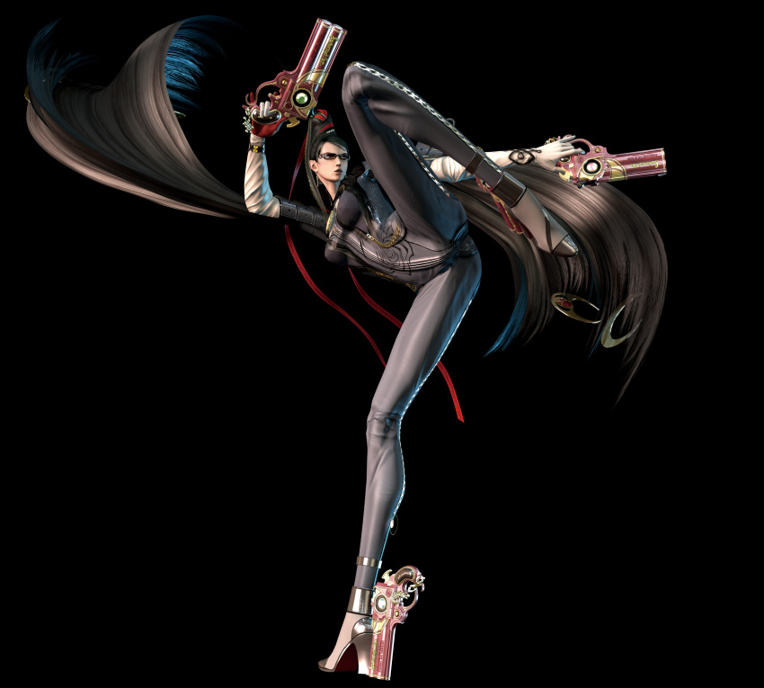 1girl bayonetta bayonetta_(character) black_catsuit boob_window catsuit cleavage_cutout female glasses guns hetero leg_spread solo