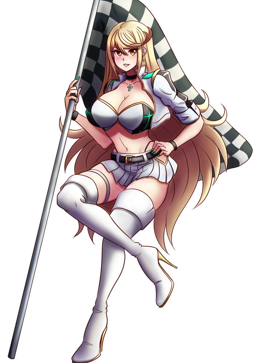 1girl absurd_res alluring bangs big_breasts blonde_hair boots breasts checkered_flag chest_jewel cleavage flag high_res long_hair mythra mythra_(xenoblade) nintendo race_queen simple_background stockings swept_bangs thigh_high_boots very_long_hair white_background will_(willanator93) willanator xenoblade_(series) xenoblade_chronicles_2 yellow_eyes