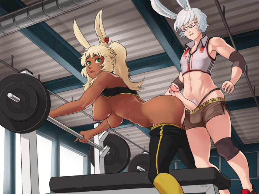 1boy 1girl 2020 4:3_aspect_ratio abs animal_ears areola ass barbell big_breasts blonde_hair bra breasts bunny_ears buttjob clothing dark-skinned_female dark_skin erection final_fantasy final_fantasy_xiv hetero lilisette_illderthane long_hair male male/female muscle nipples pants penis ponytail pubic_hair rabbit_humanoid roxy_rex short_hair short_shorts shorts sports_bra taiyou_akari tied_hair underwear viera weights white_hair yoga_pants