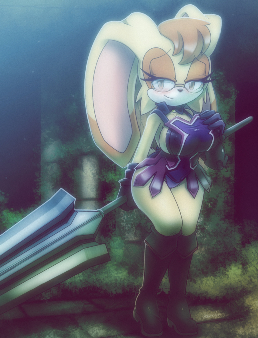 amber_eyes big_breasts black_nose blush boots breasts brown_fur brown_hair cattleya cosplay crossover eyewear female floppy_ears fur glasses gloves hair lagomorph looking_at_viewer mammal nancher outfit panties queen's_blade rabbit sega short_hair sideboob smile solo sonic_(series) standing thighs underwear vanilla_the_rabbit weapon wide_hips yellow_fur