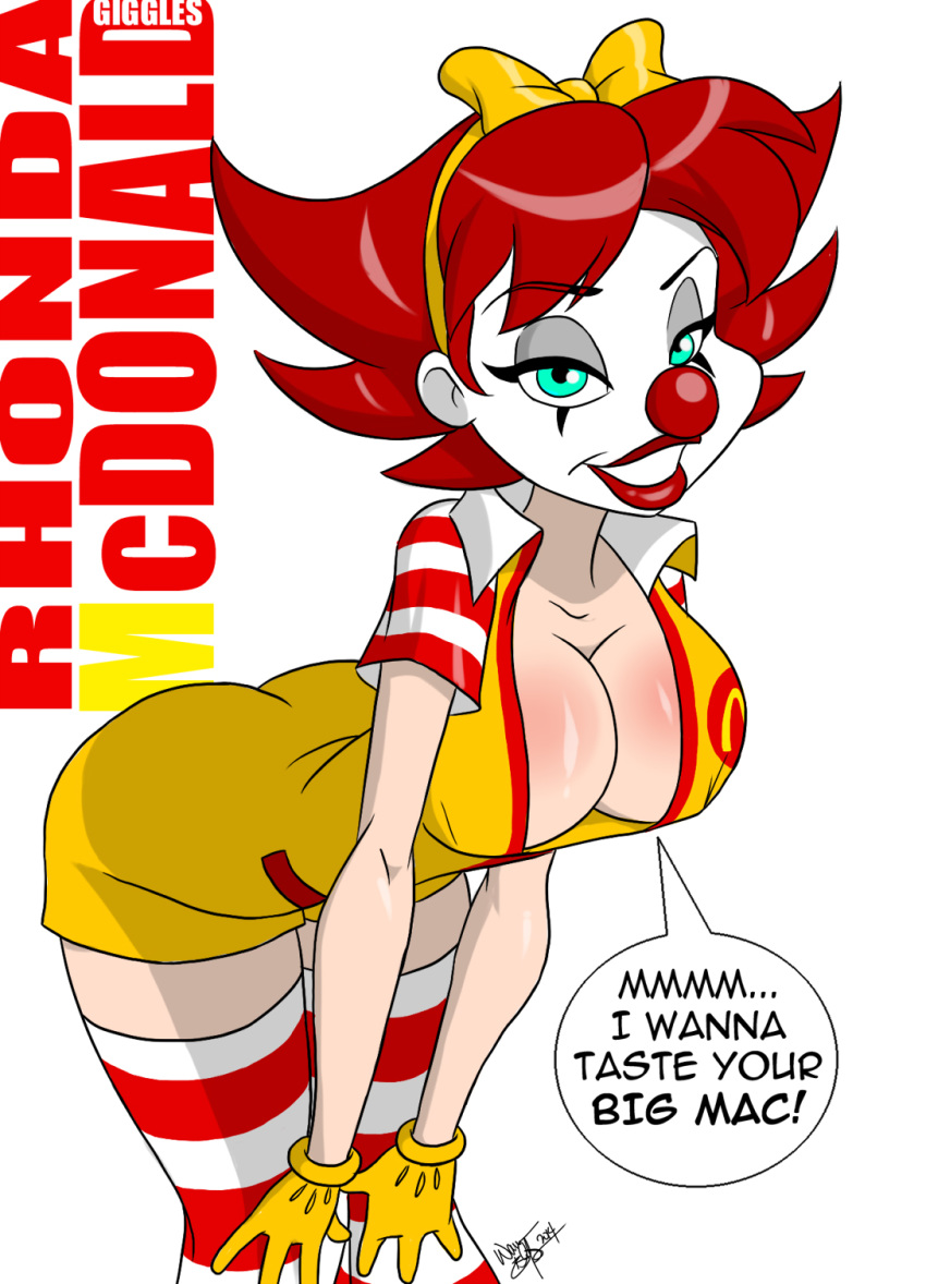 1girl 4_fingers aeolus big_breasts blushing blushing_breasts breasts cleavage clown face_paint genderswap giggles_the_slutty_clown mascots mcdonald's ronald_mcdonald striped_legwear wallpaper