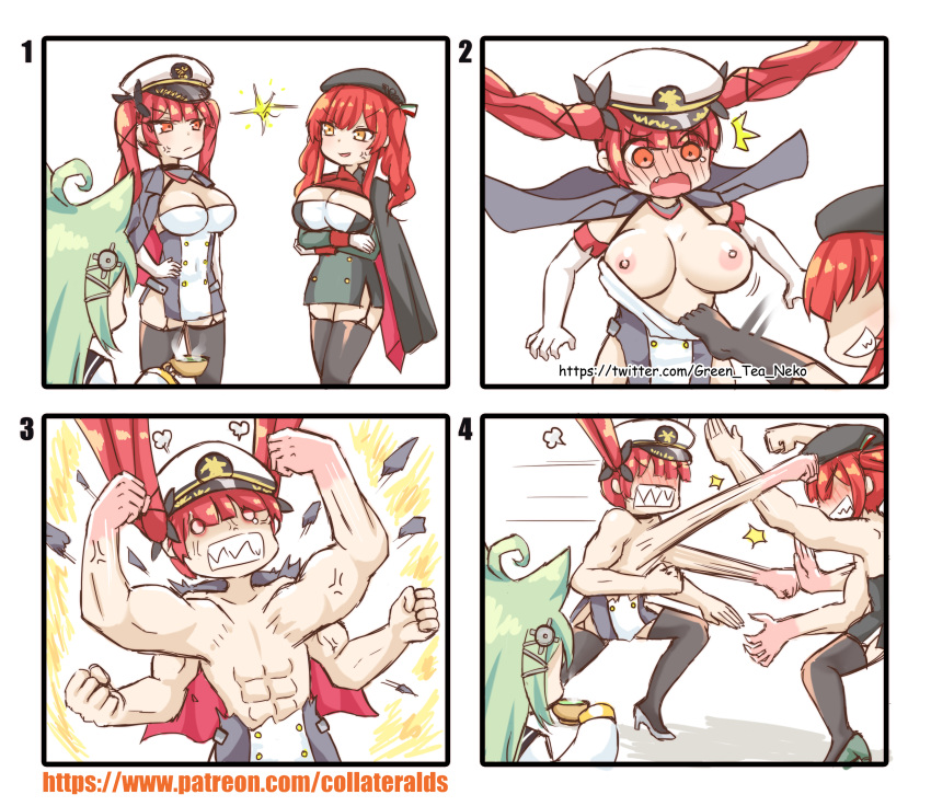 /// 1girl 3_girls ahoge akashi_(azur_lane) anger_vein animal_ears artist_name azur_lane bangs beret big_breasts black_cape black_dress black_headwear black_legwear black_ribbon black_sailor_collar blush breasts cape cleavage clenched_hands comic cup detached_sleeves dress evil_grin evil_smile extra_arms eye_contact eyebrows_visible_through_hair fang fighting garter_straps gloves green_footwear green_hair green_sleeves greenteaneko grey_footwear grin hair_ornament hair_ribbon hand_on_hip hat high_heels high_resolution holding holding_cup honolulu_(azur_lane) lingerie long_hair long_sleeves looking_at_another multiple_girls nekomimi nipples nose_blush open_mouth orange_eyes peaked_cap punching red_hair ribbon sailor_collar sharp_teeth shoes silent_comic sleeves_past_fingers sleeves_past_wrists smile stockings teacup teeth tied_hair twin_tails v-shaped_eyebrows very_high_resolution very_long_hair watermark web_address what white_gloves white_headwear zara_(azur_lane)