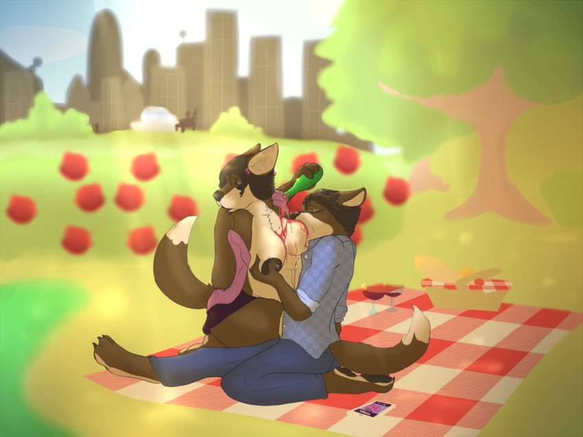 1boy 1girl alcohol anthro areola beverage big_breasts bourbon_(artist) breast_grab breast_sucking breasts canine closed_eyes clothed clothing duo female furry hetero incest male male/female mammal milf mother_&_son nipples outside parent picnic public son topless wine wine_bottle