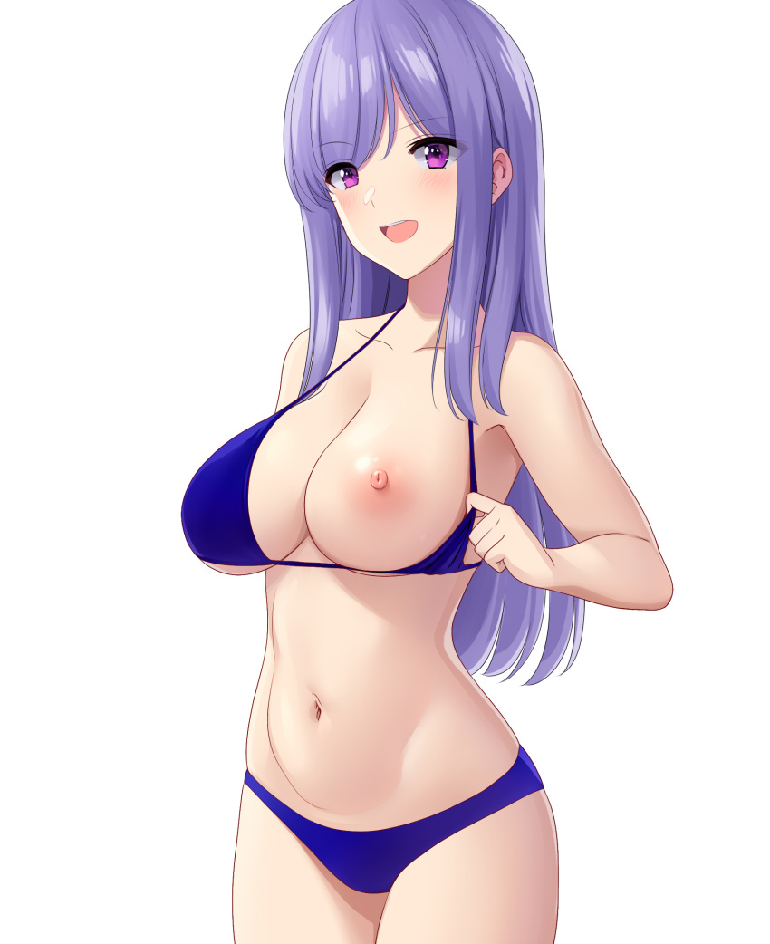 1girl 1girl 1girl bangs big_breasts bikini blue_bikini blue_swimsuit breast_slip breasts clavicle clothing high_resolution long_hair looking_at_viewer marui_koishi navel nipples one_breast_out_of_clothes open_mouth original parted_bangs purple_eyes purple_hair simple_background smile swimsuit white_background