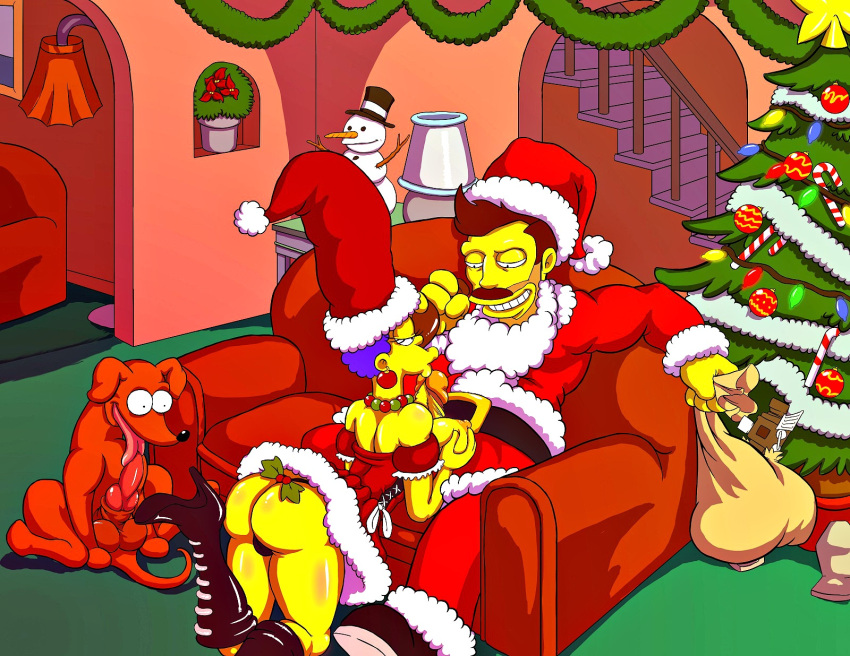 ass autofellatio boots christmas_outfit couch_sex darren_(arabatos) fellatio jose_malvado kissing_penis marge_simpson oral paizufella paizuri penis santa's_little_helper santa_costume the_simpsons yellow_skin