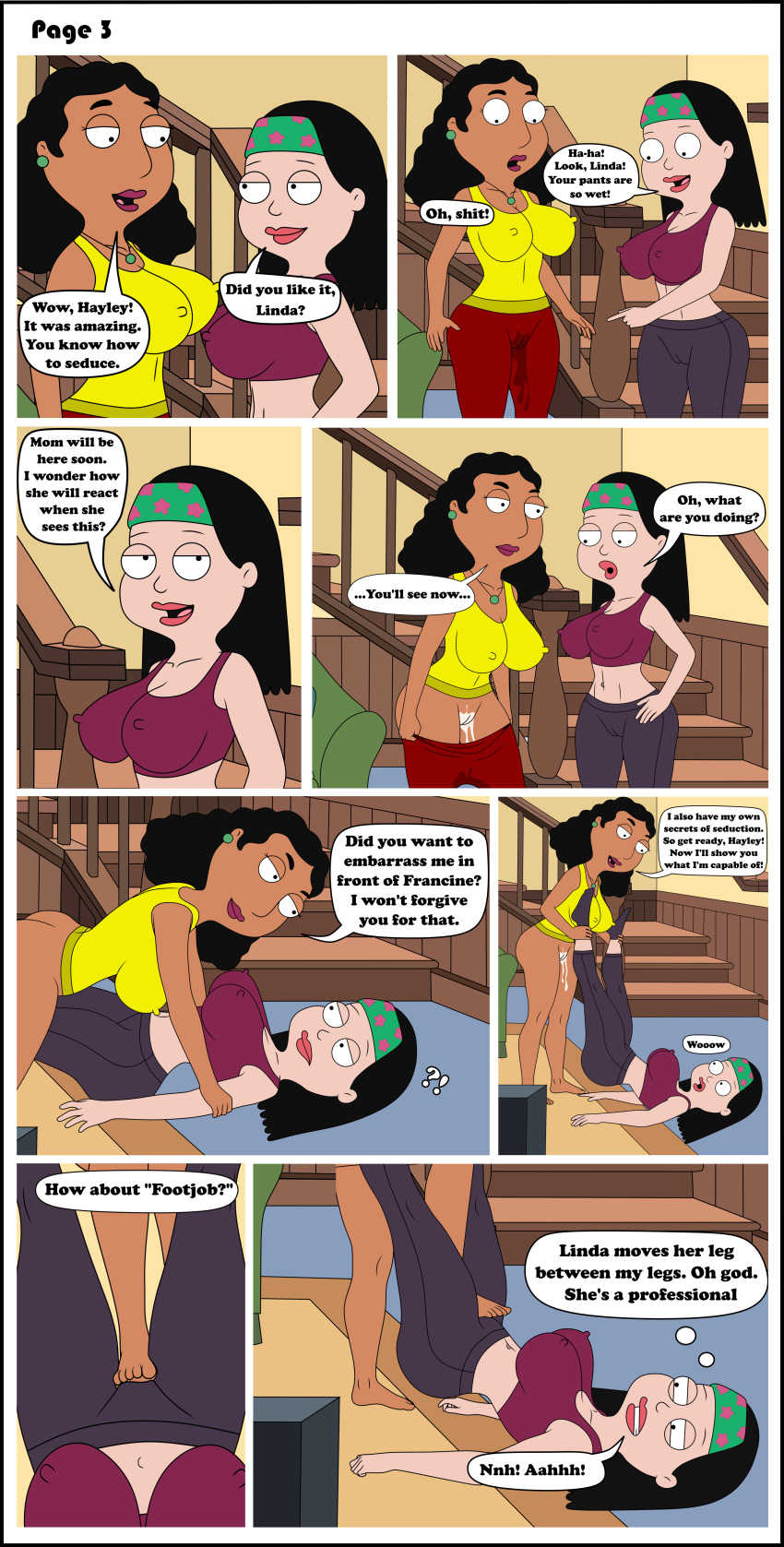 american_dad black_hair brunette comic couple cum dialogue foot foot_fetish footjob hayley_smith home lesbian_couple linda_memari nude pants sexfightfun shirt sports_uniform wet_clothes wet_pants wet_pussy yuri