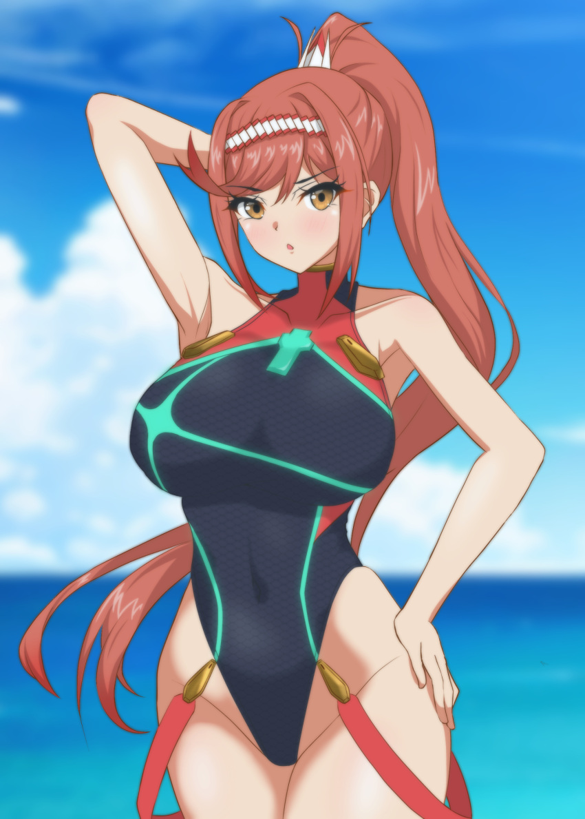 1girl alluring alternate_costume big_breasts bikini competition_swimsuit cosplay glimmer_(xenoblade) groin hand_on_own_hip hands_on_own_hips hata_(pixiv10403940) high_res highleg long_hair nintendo one-piece_bikini one-piece_swimsuit ponytail pyra_(xenoblade)_(cosplay) red_eyes sleeveless sleeveless_turtleneck swimsuit turtleneck very_long_hair xenoblade_(series) xenoblade_chronicles_3 yellow_eyes