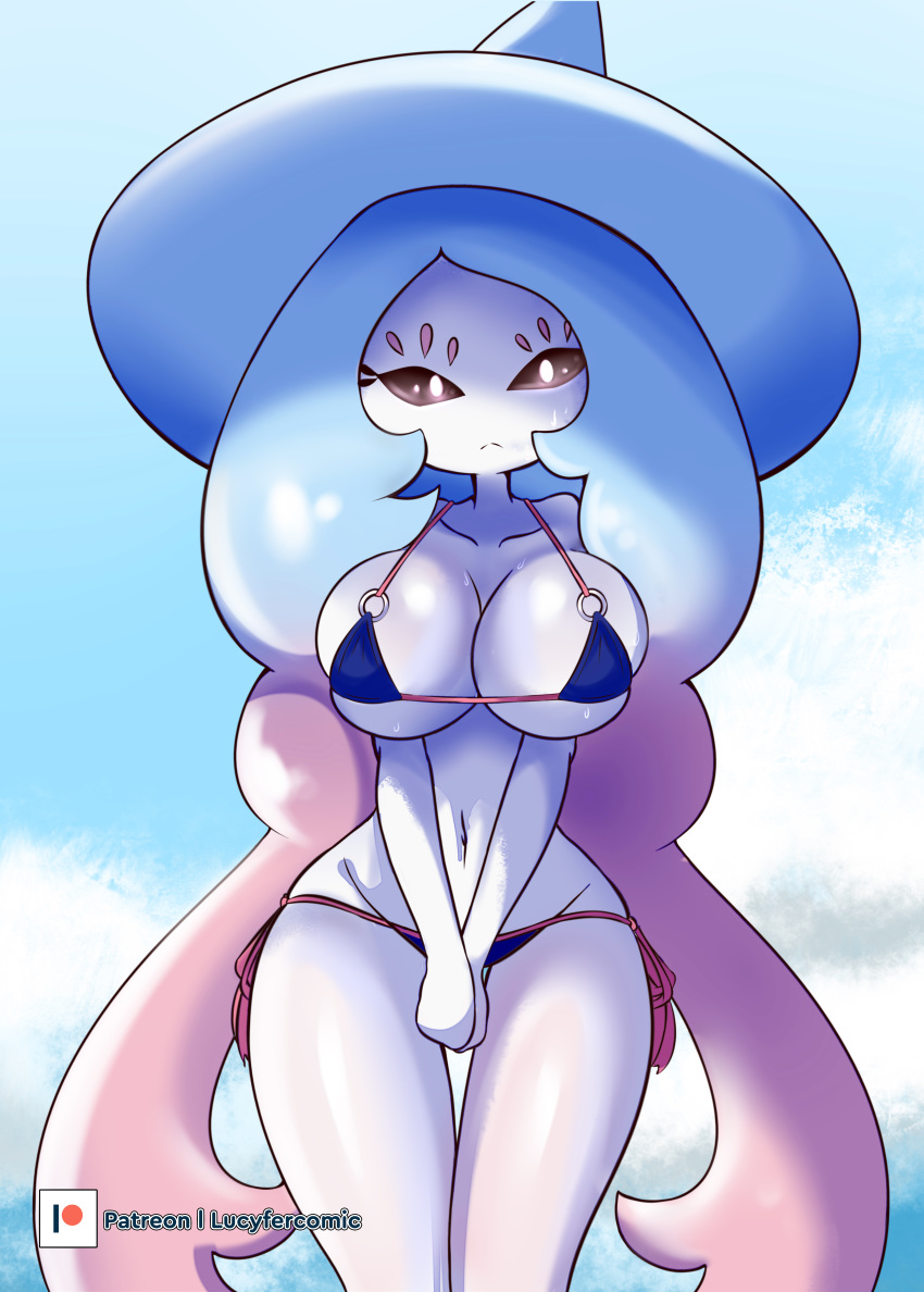 1girl 2019 big_breasts bikini breasts brimuon creatures_(company) fairy_type_pokemon female_pokemon game_freak gen_8_pokemon hat hatterene long_hair looking_at_viewer lucyfercomic multicolored_hair navel nintendo outside pokemon pokemon_(anime) pokemon_(creature) pokemon_(game) pokemon_(species) pokemon_ss pokemon_sword_&_shield psychic_type_pokemon sky solo solo_female solo_focus standing swimsuit white_skin witch_hat zanatemx