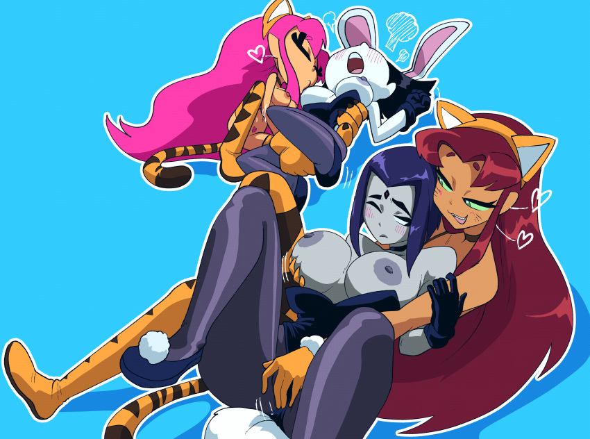 2_girls bunny_ears bunnysuit cartoon_network coolerinker crossover dc_comics dc_comics fingering inker_comics inkershike nipples orange_body orange_skin raven_(dc) starfire sucking_breasts sucking_nipples teen_titans teen_titans_go tiger_costume tiger_ears tiger_print