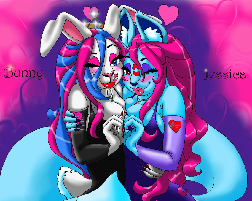 1girl absurd_res anthro big_breasts blue_body blue_fur breasts bunny_(bunnyx1989_oc) bunnyx1989_(furaffinity) cabbit cat domestic_cat duo embrace felid feline felis female fur furry hair hi_res high_res hug hugging hybrid jessica_reiland lagomorph leporid mammal original rabbit seeka symmetrical_docking