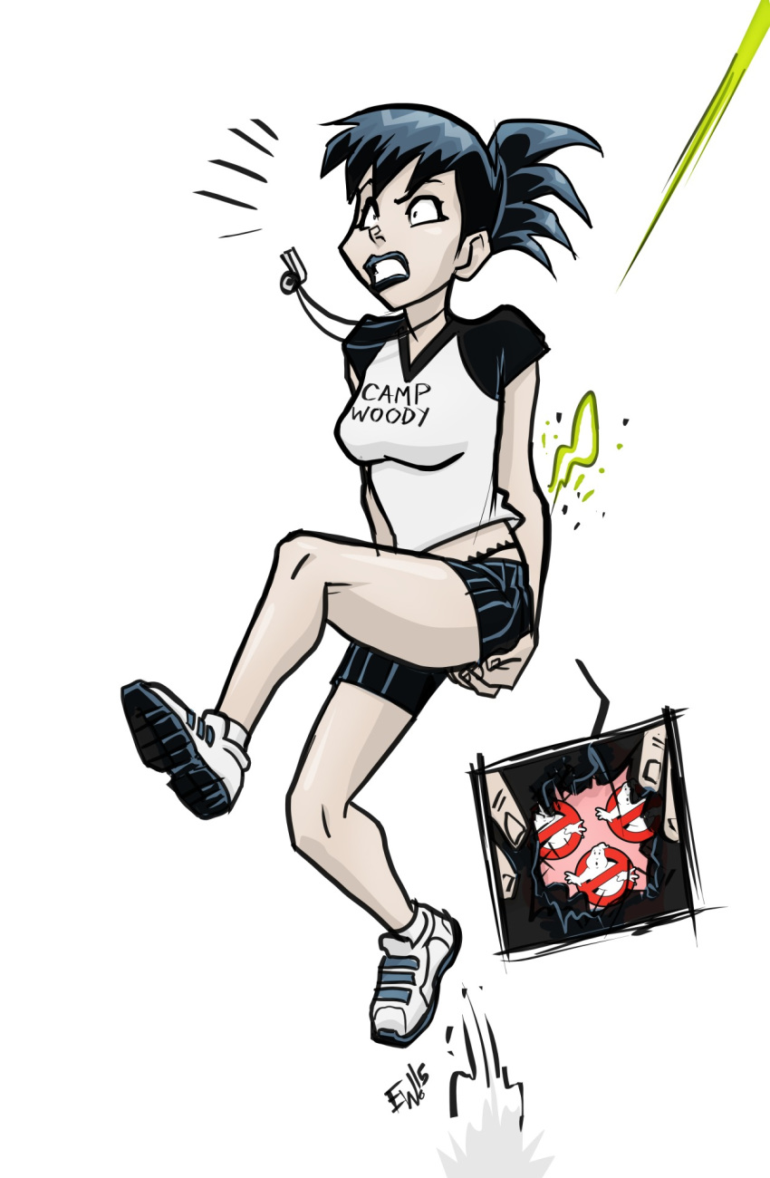 1girl ass black_eyes black_hair black_lipstick embarrassing extreme_ghostbusters fireball funny ghost ghostbusters goth kylie_griffin panties pantyshot pink_panties ponytail prank printed_panties shorts solo torn_clothes torn_clothing