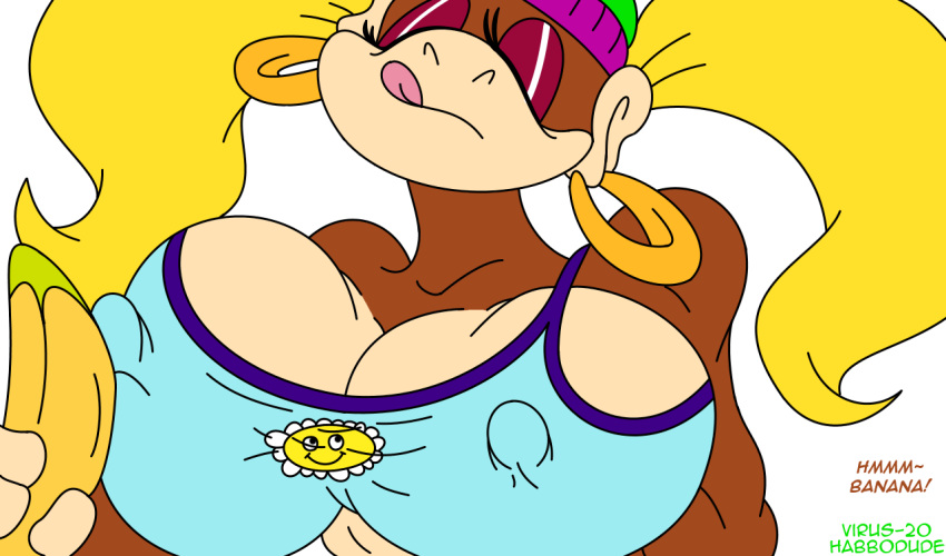 banana big_breasts breasts clothes donkey_kong_(series) erect_nipples female habbodude horny kong monkey nintendo nipples solo text tiny_kong tongue virus-20