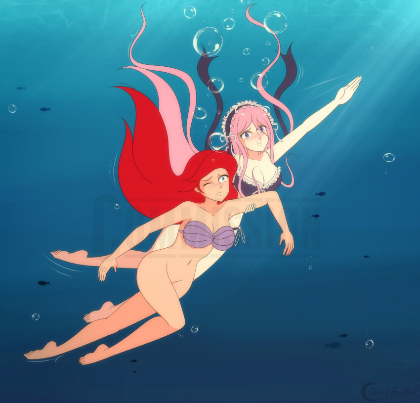 2girls air_bubbles alternate_species asphyxiation barefoot big_breasts bikini bikini_top bikini_top_only black_bikini black_swimsuit bottomless breasts bubbles cleavage crossover darkseether distracting_watermark drowning feet female female_only freediving holding_breath human meroune_lorelei monster_musume_no_iru_nichijou naked_from_the_waist_down ocean princess_ariel puffed_cheeks rescue sea shell_bikini side-tie_bikini swimming swimsuit the_little_mermaid underwater water watermark