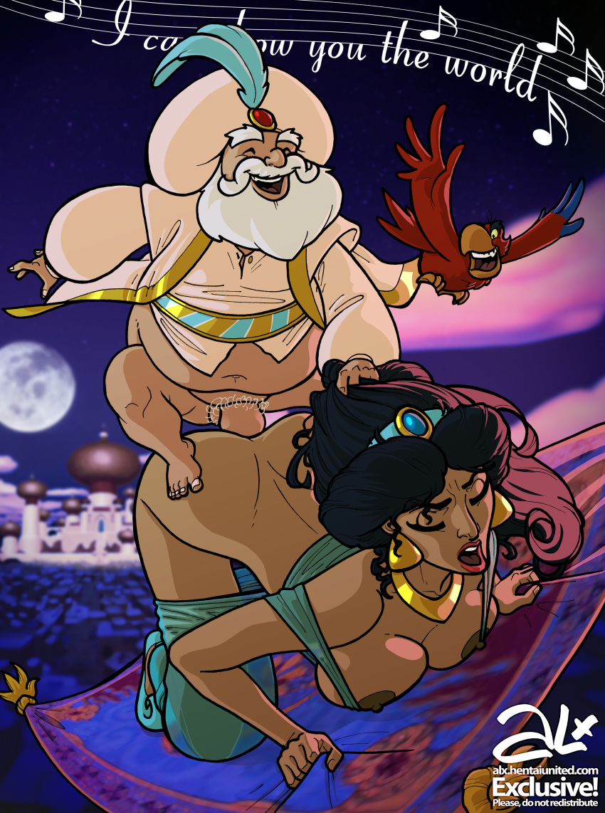 aladdin_(series) arab black_hair closed_eyes disney doggy_position father_&_daughter father_and_daughter fuckit_(artist) hair hair_pull iago incest magic_carpet nipple_slip open_mouth parrot princess_jasmine the_sultan top-down_bottom-up