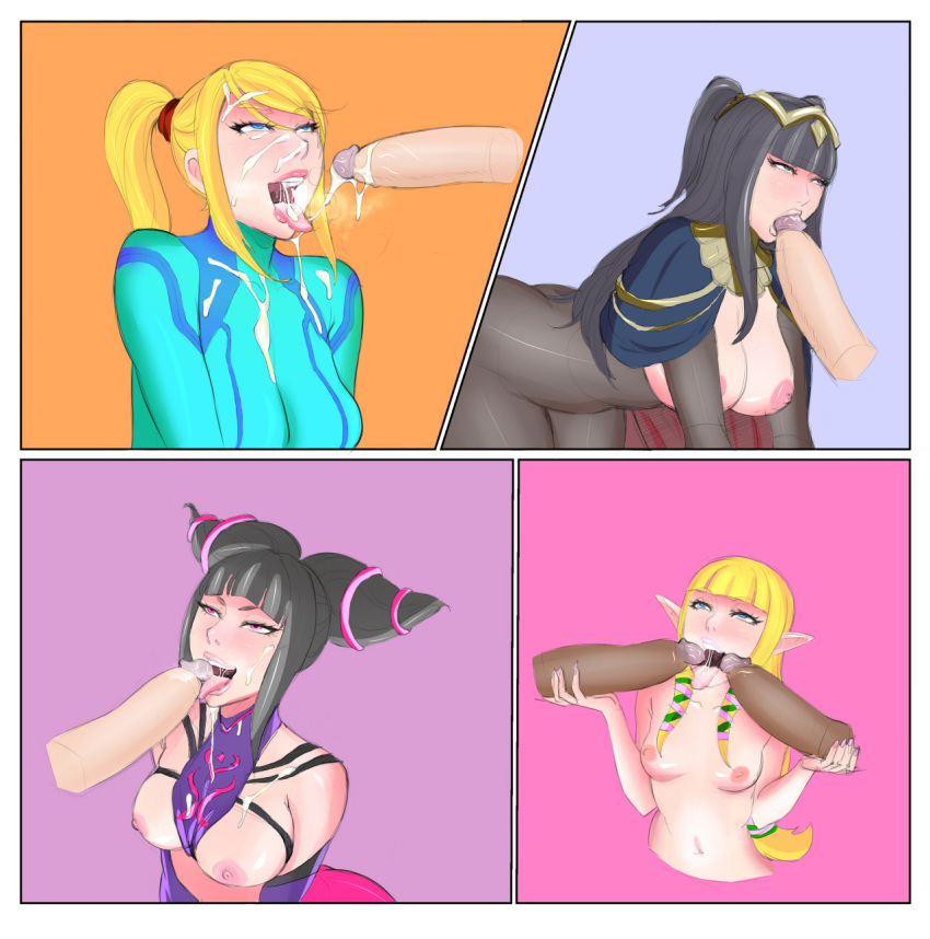 4girls after_sex blush breasts capcom colored comic crossover cum disembodied_penis double_handjob facial fellatio fire_emblem fire_emblem:_kakusei handjob jontxu-2d juri_han legoman lm_(legoman) metroid nintendo nipples oral penis princess_zelda samus_aran skyward_sword street_fighter tharja the_legend_of_zelda tongue