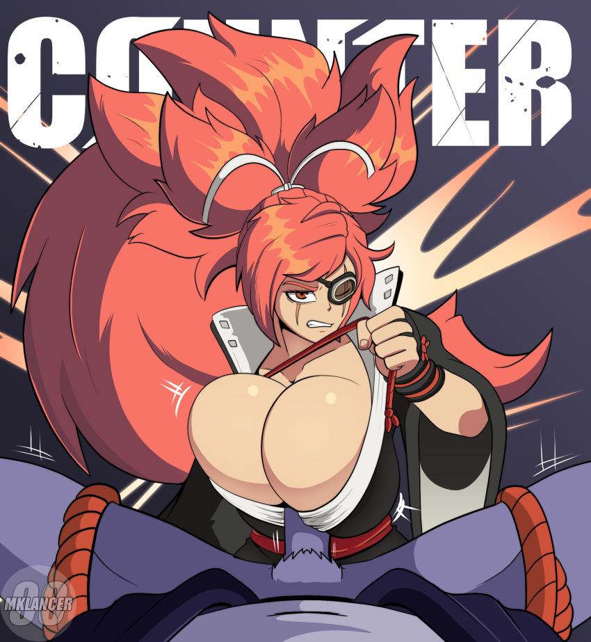 1boy 1girl 2023 2d 2d_(artwork) anthro baiken big_breasts breasts cleavage clothed clothing curvy disgusted female_focus female_on_top femdom fingerless_gloves furry furry_male gloves guilty_gear hair high_res human_on_anthro light-skinned_female light_skin linhe_(mklancer00) long_hair male male/female mklancer00 one_arm paizuri paizuri_lead_by_female partial_male penis penis_between_breasts pov pov_eye_contact pov_paizuri pubic_hair purple_fur red_eyes red_hair rope rope_around_thigh scar scar_across_eye solo_focus tied tied_down top_heavy unseen_male_face