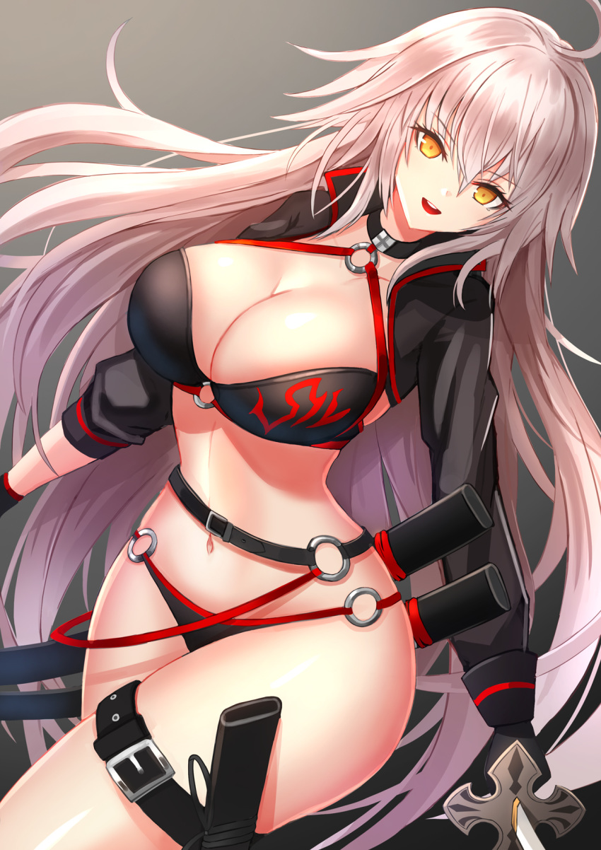 1girl ahoge bangs bikini black_bikini black_gloves blush breasts choker cleavage fate/grand_order fate_(series) gloves hair_between_eyes jacket jeanne_d'arc_(alter)_(swimsuit_berserker) jeanne_d'arc_(fate)_(all) large_breasts long_hair looking_at_viewer navel o-ring o-ring_bikini shrug_(clothing) silver_hair swimsuit very_long_hair yellow_eyes