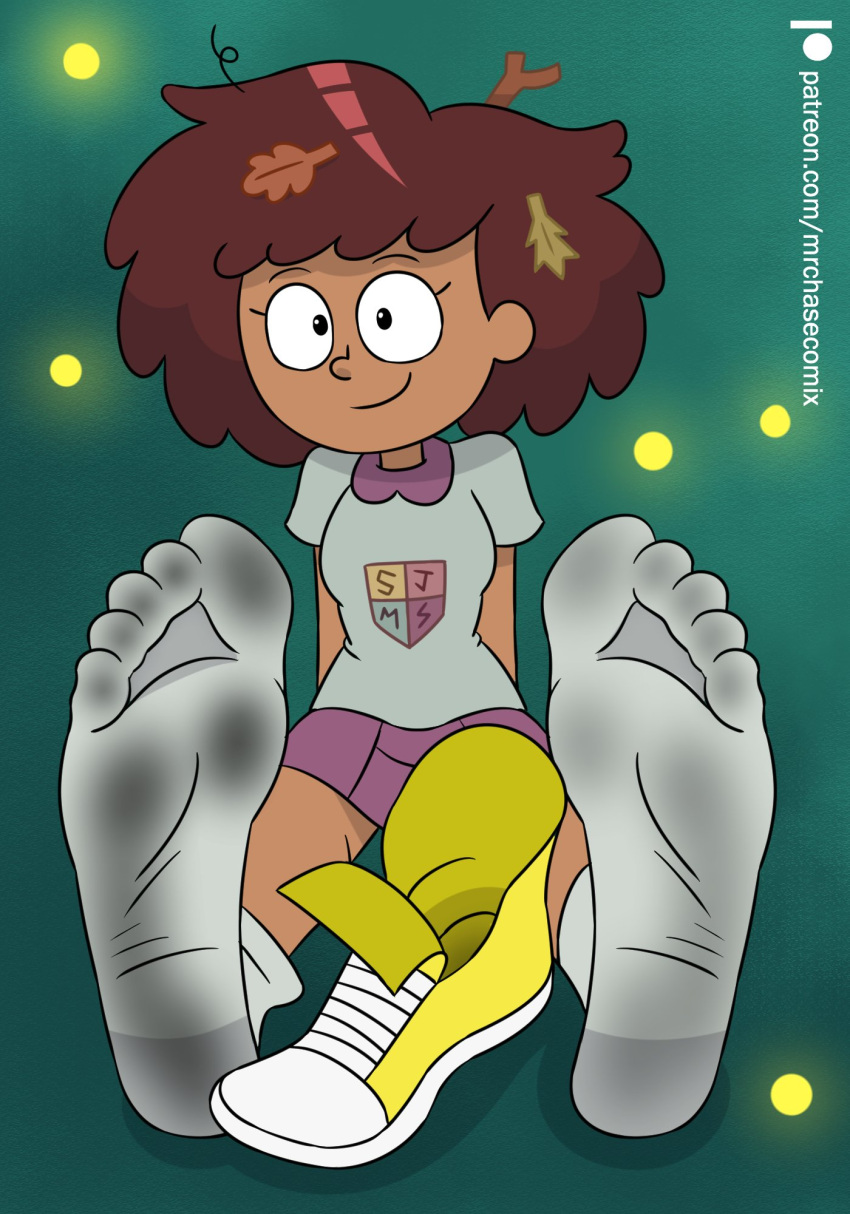 amphibia anne_boonchuy black_eyes brown_hair dirty_socks disney disney_channel leaves shoe skirt smile socks socks_only twig