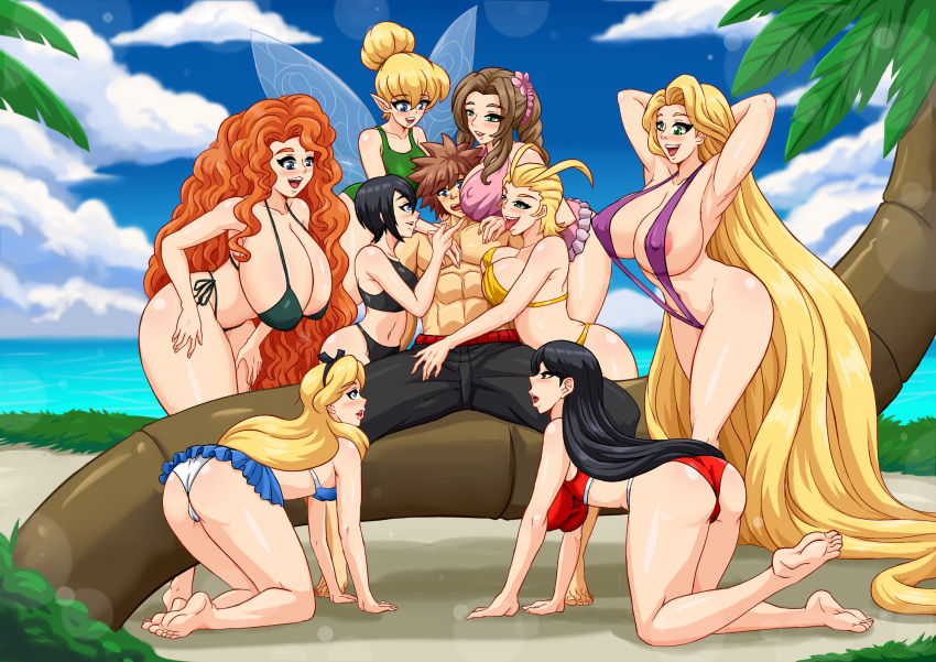 1boy 6+girls 8girls aerith_gainsborough age_difference alice_(disney) alice_in_wonderland asian asian_female ass athletic_male beach big_breasts bikini bikini_bottom bikini_top black_bikini black_hair blonde blonde_female blonde_hair blue_bikini brave breast_smother breast_squish brown_hair brunette brunette_hair butt disney fa_mulan fairy fairy_wings female final_fantasy_vii final_fantasy_vii_rebirth final_fantasy_vii_remake finger_on_chin fit_male flower_in_hair green_bikini harem kingdom_hearts kingdom_hearts_358/2_days kingdom_hearts_chain_of_memories kingdom_hearts_ii kingdom_hearts_iii kneeling_female larxene long_hair long_legs male male/female membrane_(anatomy) membranous_wings merida mulan multiple_girls muscular_male nipple_slip peter_pan peter_pan_(disney) pink_bikini ponytail rapunzel red_bikini rud-k short_hair size_difference sling_bikini slingshot_swimsuit sora spiky_hair square_enix swimming_trunks swimsuit swimwear tangled thick_ass thick_hips thick_legs thick_thighs tinker_bell tongue tongue_out wide_hips wide_thighs wings xion