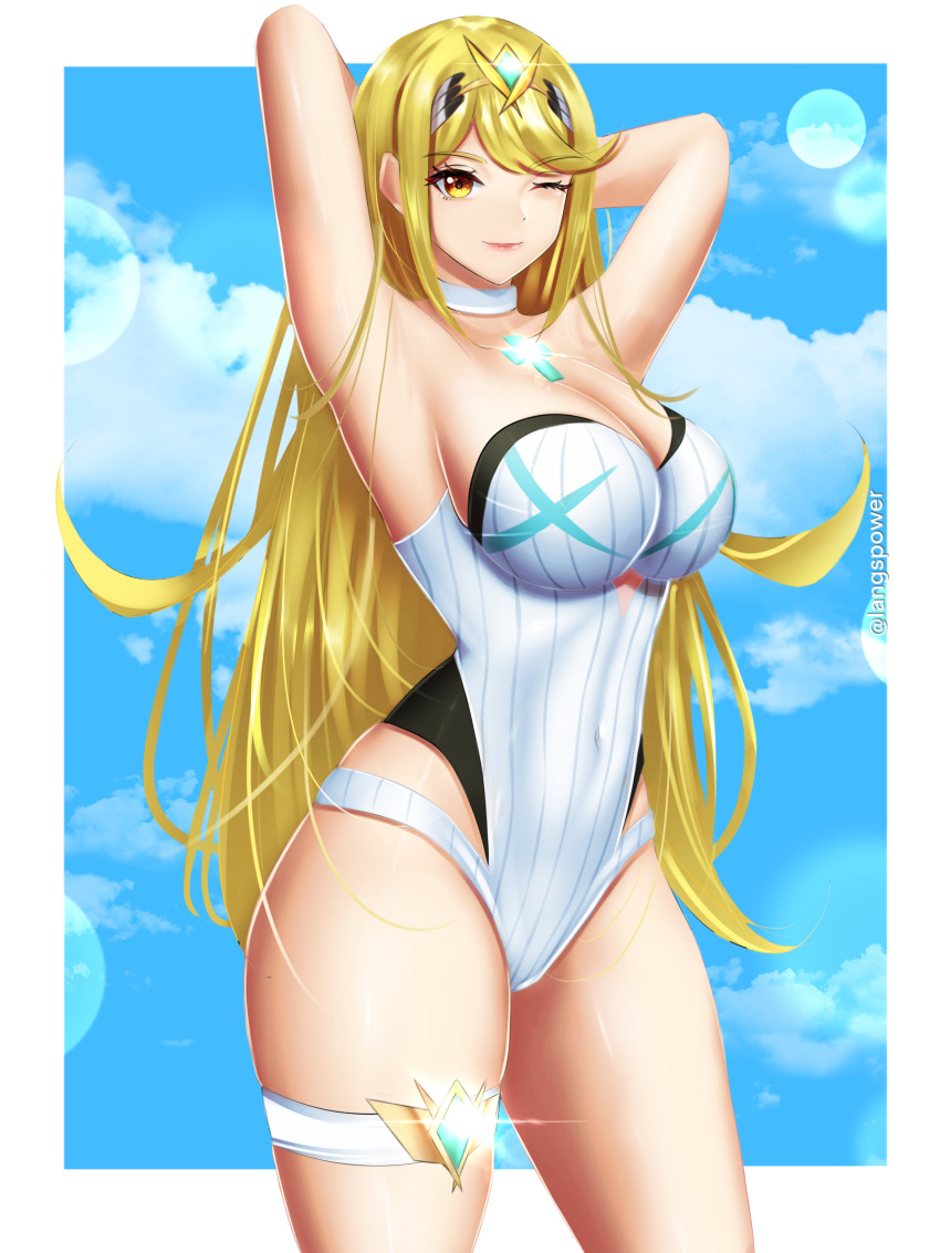 1girl 1girl 1girl alluring bare_legs big_breasts blonde_hair cleavage female_only langspower mythra nintendo one-piece_bikini posing swimsuit xenoblade_(series) xenoblade_chronicles_2