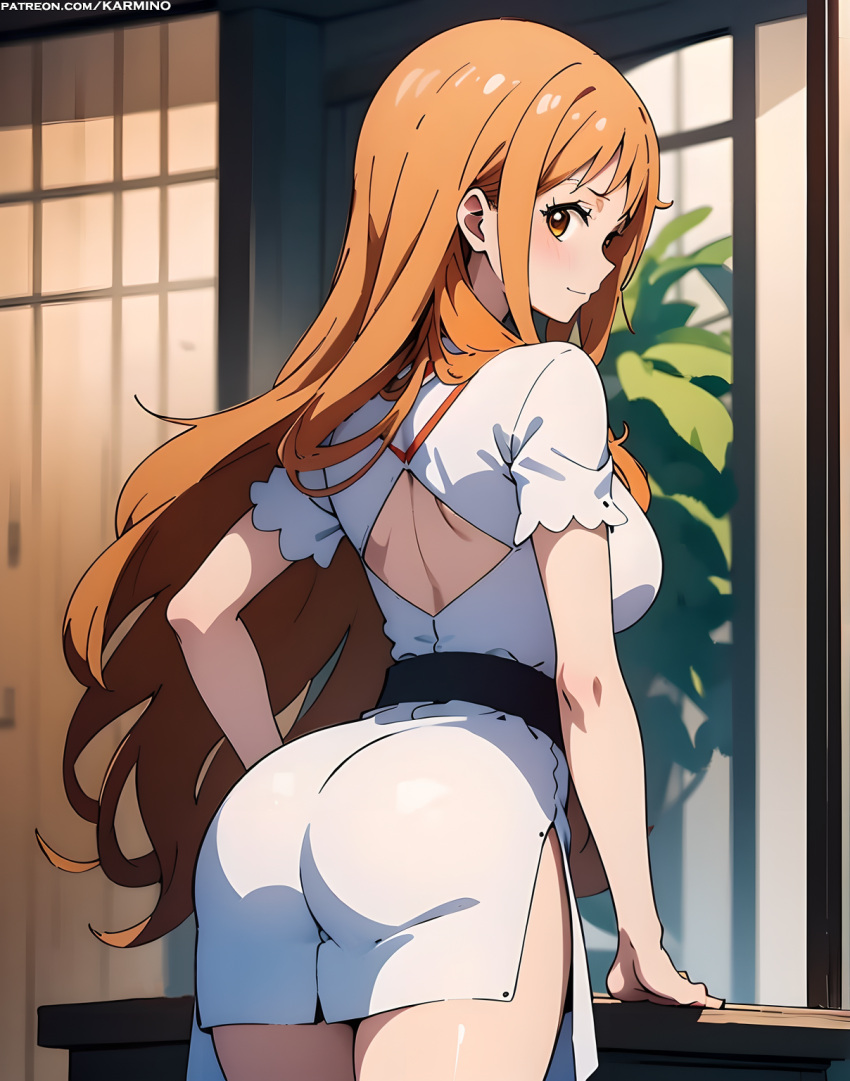 1girl 1girl 1girl ai_generated ass back back_cutout bangs belt big_breasts blush breasts brown_eyes closed_mouth clothing clothing_cutout dress female_only from_behind indoors long_hair looking_at_viewer looking_back median_furrow nami nami_(one_piece) orange_eyes orange_hair plant short_dress short_sleeves shoulder_blades sideboob sidelocks smile standing thighs very_long_hair white_dress window