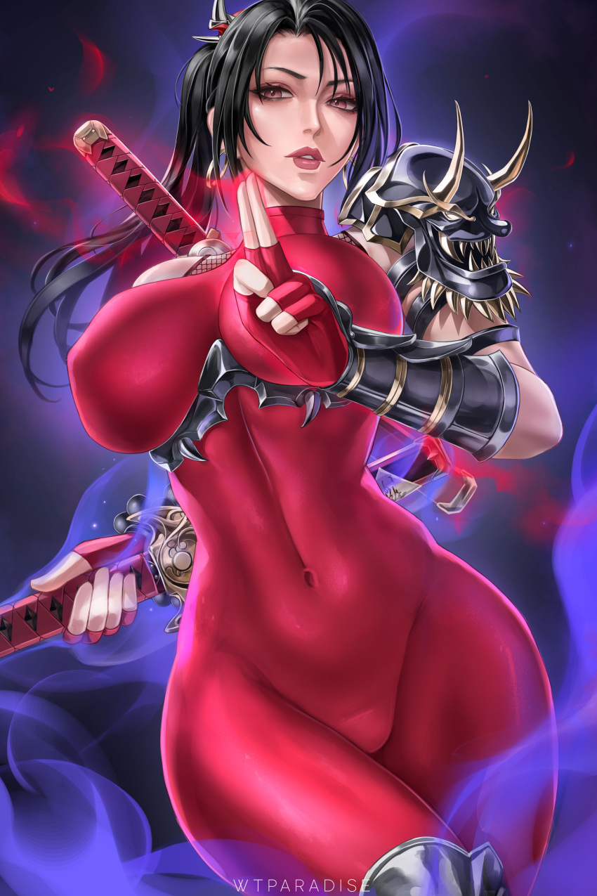 1girl 1girl absurd_res alluring armor big_breasts black_hair bodysuit covered_navel cowboy_shot high_res impossible_bodysuit impossible_clothes kuji-in parted_lips ponytail project_soul red_bodysuit shoulder_armor soul_calibur soul_calibur_ii soul_calibur_iii soul_calibur_vi sword taki weapon wtparadise