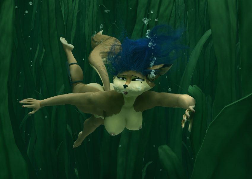 1girl 3d 3d_(artwork) air_bubbles anthro ass barefoot big_breasts blender blue_hair breasts bubbles carmelita_fox danil4h feet female floating_hair forest fox freediving furry harry_potter harry_potter_and_the_goblet_of_fire holding_breath knife lake lipstick movie_reference nipples nude puffed_cheeks seaweed skinny_dipping sly_cooper_(series) solo sony_interactive_entertainment swimming tail underwater warner_brothers water weapon wizarding_world