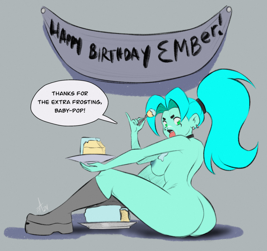 ass banner boots breasts cake cake_slice choker commission commissioner_upload cum_on_face danny_phantom earring ember_mclain frosting frosting_on_breasts ghost ghost_girl green_eyes looking_at_viewer looking_back nude ponytail pranky pranky_(artist) speech_bubble tongue tongue_out