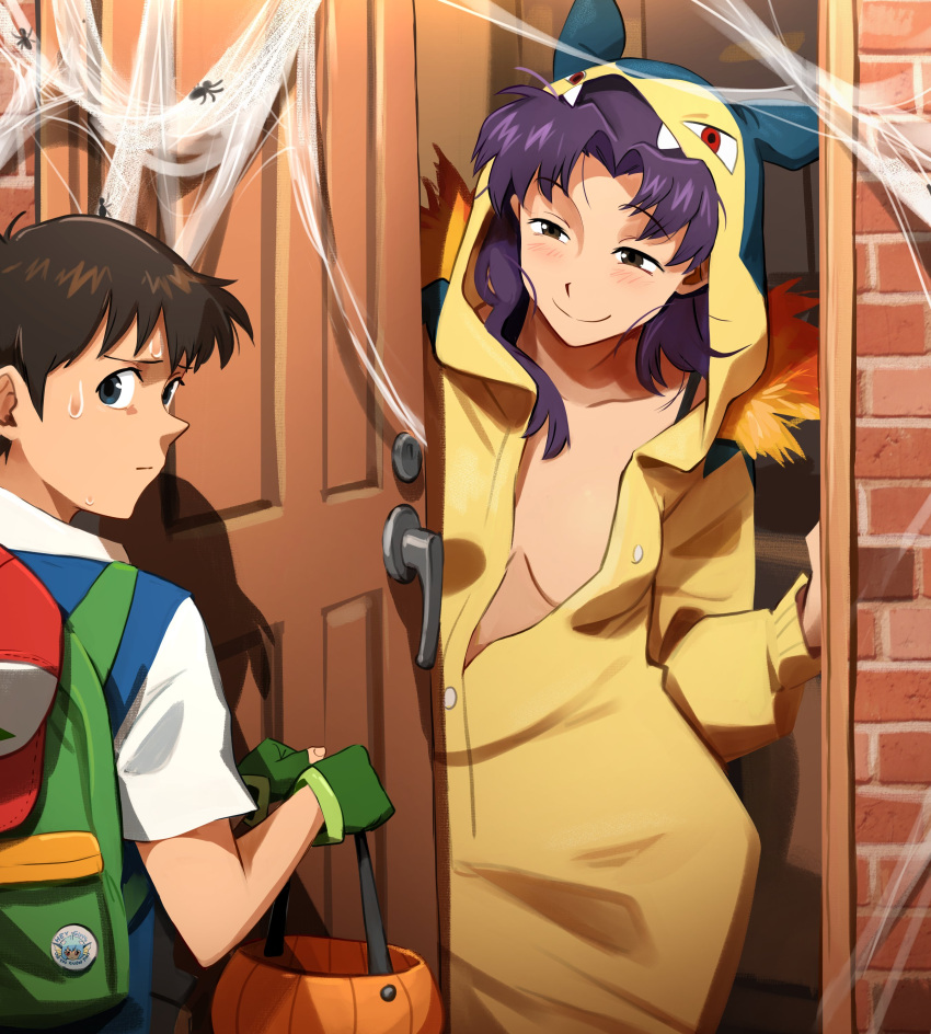 1boy1girl ash_ketchum brown_hair cosplay halloween halloween_costume khyleri looking_back misato_katsuragi neon_genesis_evangelion pokemon purple_hair shinji_ikari smirk typhlosion worried worried_expression