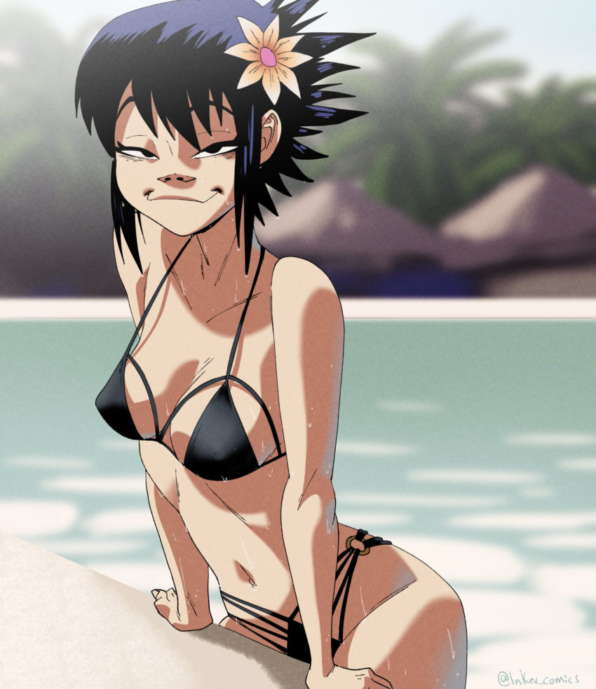 1girl 1girl 1girls 2022 accurate_art_style arm_support artist_name ass bedroom_eyes belly_button big_ass bikini bikini_bottom bikini_top black_bikini black_eyes black_hair bottom_heavy bottomwear breasts clothed clothed_female clothes clothing coolerinker front_view gorillaz grin hair hair_flower half-closed_eyes high_res human inker_comics inkershike large_ass light-skinned_female light_skin looking_at_viewer medium_breasts midriff navel noodle_(gorillaz) pool seductive seductive_eyes seductive_look seductive_smile short_hair smile smiling_at_viewer stomach three-quarter_portrait topwear water water_drop wet_body wet_hair wet_skin wide_hips