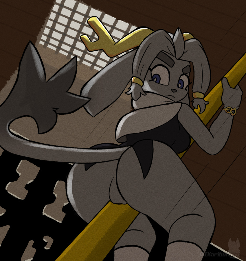 1girl 2024 anthro antlers ass big_ass big_eyebrows blue_eyes bottomless bovid bracelet caprine clothing exposed_ass featureless_ass floppy_ears grey_fur grey_hair high_res horns hybrid ikaribunbun jackalope lagomorph long_ears looking_down motion_lines partially_clothed pole pole_sliding pseudoregalia rabbit rear_view sybil_(pseudoregalia) tail yellow_horns